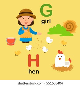 Alphabet Letter G-girl,H-hen,vector illustration