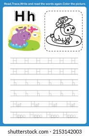 Alphabet Letter H with cartoon vocabulary for coloring book illustration, vector