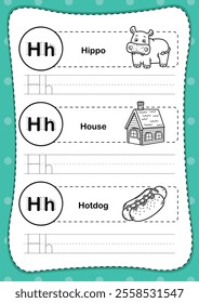 Alphabet letter H exercise with cartoon vocabulary for coloring book illustration, vector