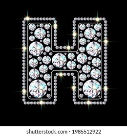 Alphabet letter H made from bright, sparkling diamonds. Jewelry font. 3d realistic style vector illustration.