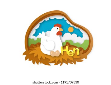 Alphabet Letter H-hen,paper cut concept vector illustration