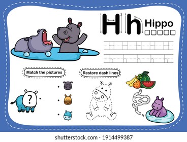 Alphabet Letter H-hippo exercise with cartoon vocabulary illustration, vector