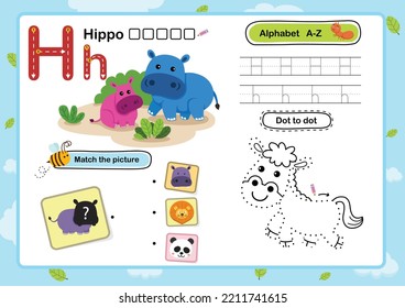 Alphabet Letter H-Hippo exercise with cartoon vocabulary illustration, vector