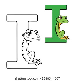 Alphabet letter "I" with a detailed iguana perched on it. Perfect for coloring, this page blends learning and creativity with bold outlines and fun reptile details!