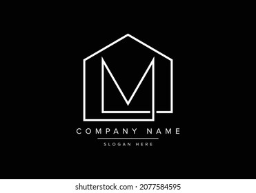 Alphabet letter icon logo M with a house or home. Real estate line art