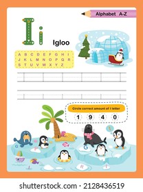 Alphabet Letter I - Igloo  exercise with cartoon vocabulary illustration, vector