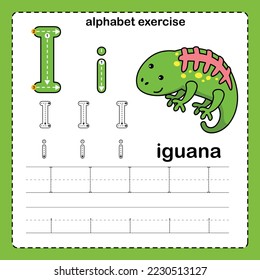 Alphabet Letter  I - Iguana exercise with cartoon vocabulary illustration, vector