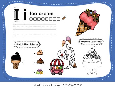 Alphabet Letter I-ice cream exercise with cartoon vocabulary illustration, vector