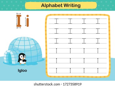 Alphabet Letter I-Igloo exercise with cartoon vocabulary illustration, vector