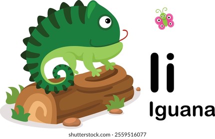 Alphabet Letter I-Iguana with cartoon vocabulary illustration, vector