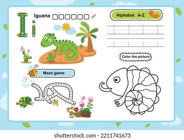 Alphabet Letter I-Iguana exercise with cartoon vocabulary illustration, vector