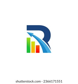 Letra alfabética logotipo inicial de monograma R, estadísticas de barras gráficas y de flecha, concepto único y moderno