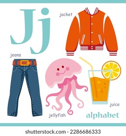 Alphabet letter J with cartoon vocabulary illustration: jacket, jeans, jellyfish, juice. Cute children ABC alphabet flash card with letter J for kids learning English vocabulary.