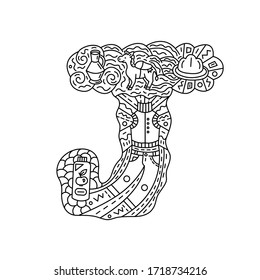 Alphabet. Letter J. Coloring. Cute objects isolated on a white background: 
jug, jackass, jelly, sleeveless, jeans, juice. Doodle style. Vector illustration.
