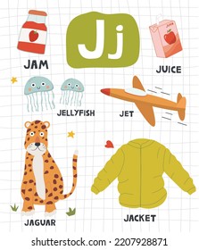 Alphabet letter J with cute object and animal illustration for children learning