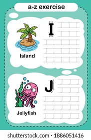 Alphabet Letter I - J exercise with cartoon vocabulary illustration, vector