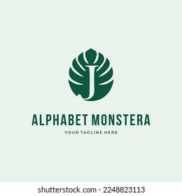 Alphabet Letter J green monstera deliciosa custom logo typography logo design illustration