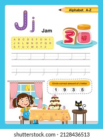 Alphabet Letter J - Jam  exercise with cartoon vocabulary illustration, vector