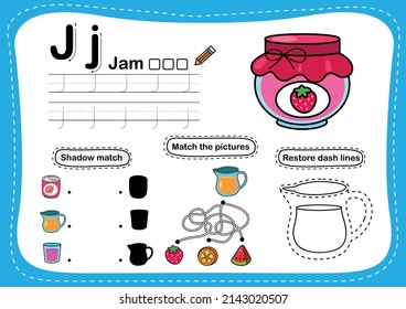 Alphabet Letter J - Jam exercise with cartoon vocabulary illustration, vector