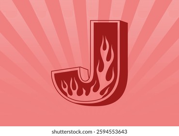 Alphabet letter J with ornament flames. Sunburst background. Vector illustration