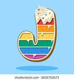 Alphabet letter J shaped rainbow cake