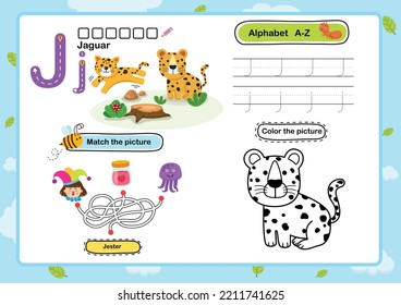 Ejercicio alfabético J-Jaguar con ilustración de vocabulario de dibujos animados, vector