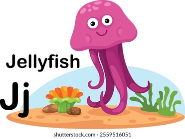 Alphabet Letter J-Jellyfish with cartoon vocabulary illustration, vector