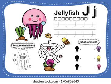 Alphabet Letter J-jellyfish exercise with cartoon vocabulary illustration, vector