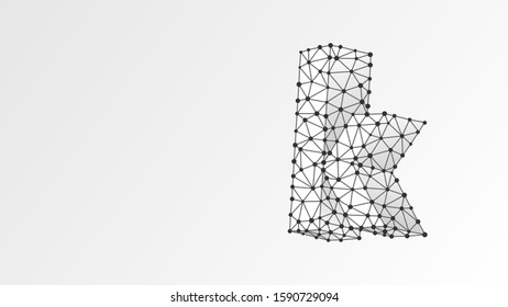 Alphabet letter K. Abstract digital wireframe, low poly mesh, vector white origami 3d illustration. Design of a lowercase letter. Banner, template or a pattern. Triangle, line, dot