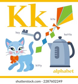 Alphabet letter K with cartoon vocabulary illustration: kite, kitty, key, kettle. Cute children ABC alphabet flash card with letter K for kids learning English vocabulary.