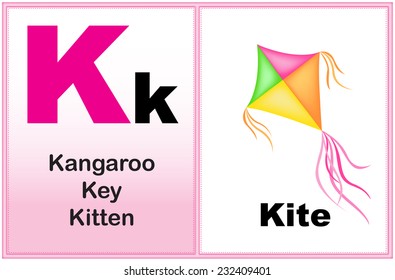 Alphabet letter K with clip-art and few similar words starting with the letter printable graphic for preschool / kindergarten kids 