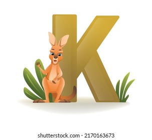 Alphabet letter k for cute friendly kangaroo cartoon vector illustration