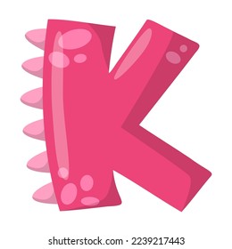 Alphabet letter K in dinosaur font vector illustration. Cute cartoon drawing of English letter and number in dino style for kindergarten or school children. Education concept