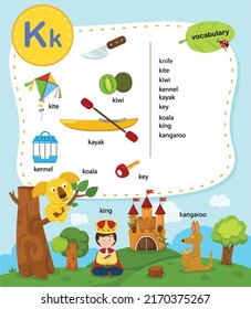 Alphabet Letter K education vocabulary illustration, vector