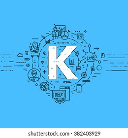 Letra alfabeta K. Estilo Plano, Diseño De Arte De Línea Delgada. Conjunto de desarrollo de aplicaciones, codificación de sitios web, información, tecnologías móviles, iconos de negocios y elementos. Colección moderna de vectores de concepto