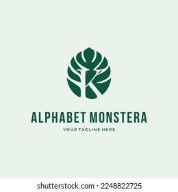 Alphabet Letter K green monstera deliciosa custom logo typography logo design vector illustration