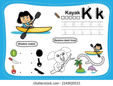 Alphabet Letter K - kayak exercise with cartoon vocabulary illustration, vector