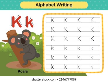 Alphabet Letter K - Koala übung mit Cartoon-Vokabular-Illustration, Vektorgrafik