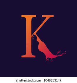 Alphabet letter K with liquid splash and drops, abstract colorful ink abc, stylized dynamic paint trail font. Vector