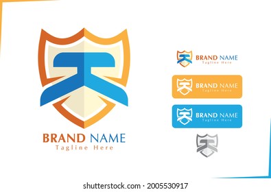Alphabet Letter K logo with protection shield in blue and orange colour for security business
