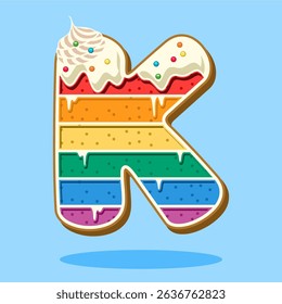 Alphabet letter K shaped rainbow cake