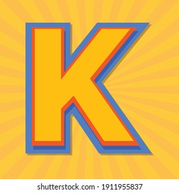 Alphabet letter K with yellow sun rays background, vector alphabet