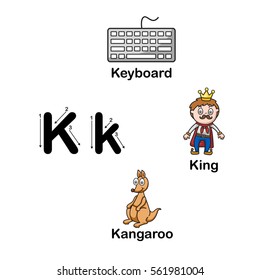 Alphabet Letter K-keyboard,king,kangaroo vector illustration