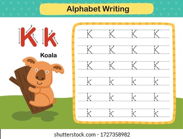 Alphabet Letter K-Koala exercise with cartoon vocabulary illustration, vector