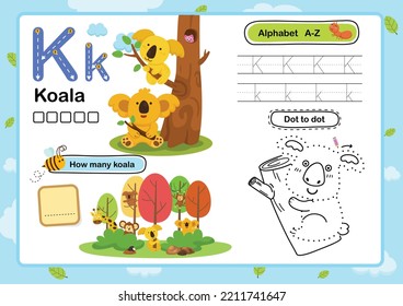 Alphabet Letter K-Koala exercise with cartoon vocabulary illustration, vector