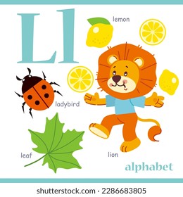 Alphabet letter L with cartoon vocabulary illustration: lemon, lion, ladybird, leaf. Cute children ABC alphabet flash card with letter L for kids learning English vocabulary.