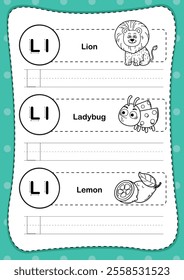 Alphabet letter L exercise with cartoon vocabulary for coloring book illustration, vector