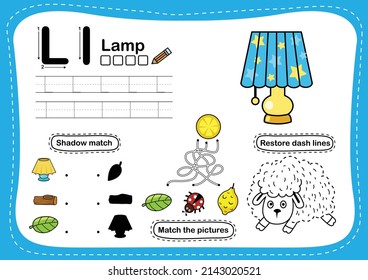 Alphabet Letter L - Lamp exercise with cartoon vocabulary illustration, vector