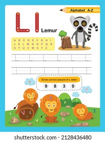 Alphabet Letter L - Lemur  exercise with cartoon vocabulary illustration, vector