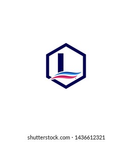 Alphabet letter L logo design concept with blue and pink waves into hexagonal frame